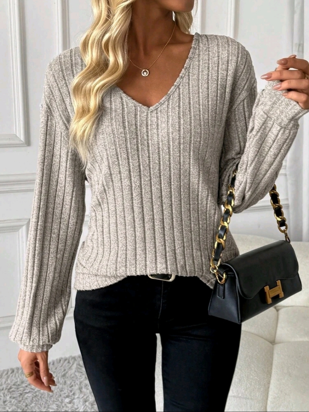 Gray Open Back Bow Long Sleeve V Neck Blouse Sizes 6 8 & 14 - Picture 2 of 3